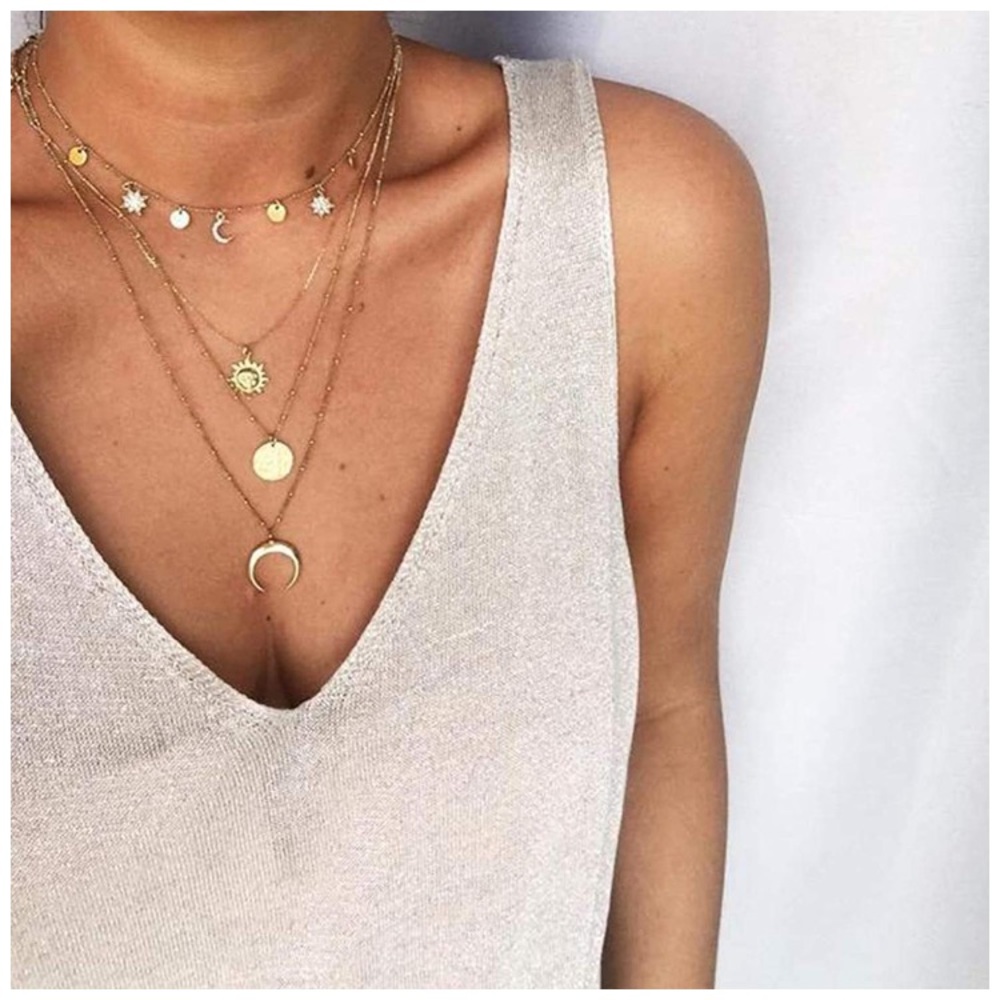 Boho sun and moon layered Necklace